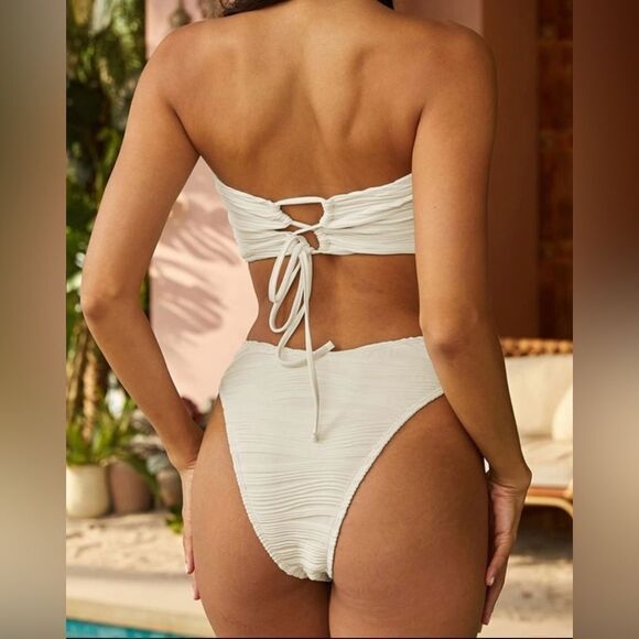 ZAFUL Women Strapless Textured Bandeau Bikini 2 Piece Cheeky Solid Lace up NWT - Picture 3 of 7